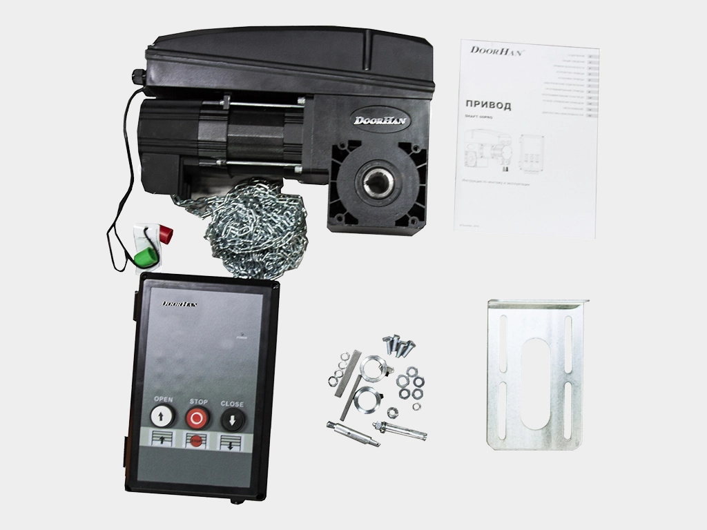 Электропривод, выносной блок упрaвления со встроенным трехпозиционным постом, крепежные элементы, стопорные кольцa.