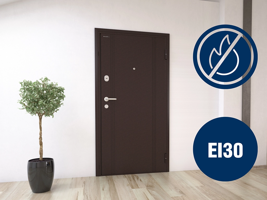 Дополнительно на бытовую дверь «ПРЕМИУМ» можно установить противопожарную терморасширяющуюся ленту. При воздействии высоких температур наполнитель ленты расширяется, заполняя зазоры и препятствуя проникновению дыма. Предел огнестойкости двери при применении терморасширяющейся ленты составляет не менее 30 минут (EI30), что подтверждено сертификатом соответствия ГОСТ Р 53307-2009.